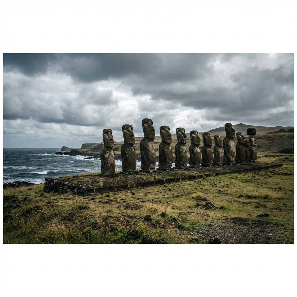 Rapa Nui — Moai Line Under Overcast Sky